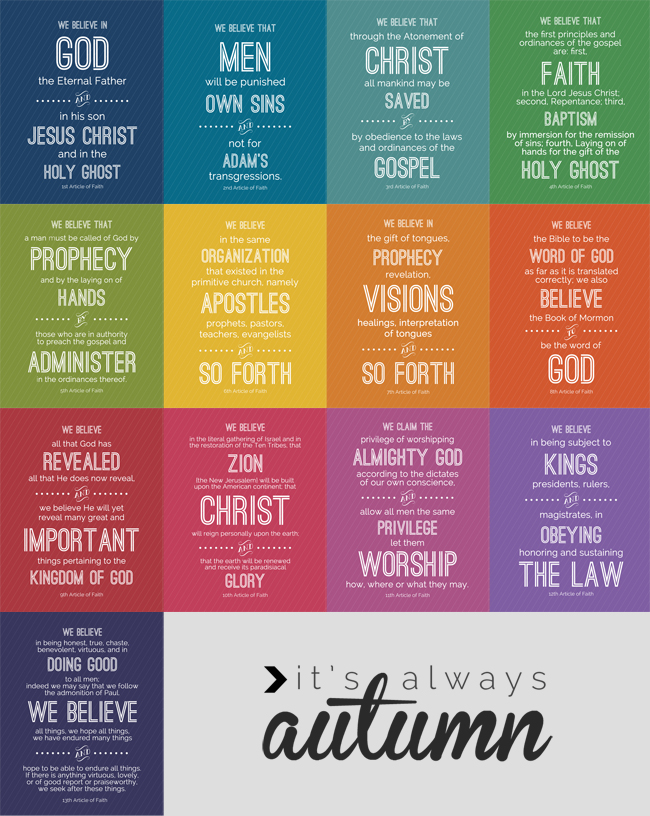 LDS Articles of Faith free printables It's Always Autumn