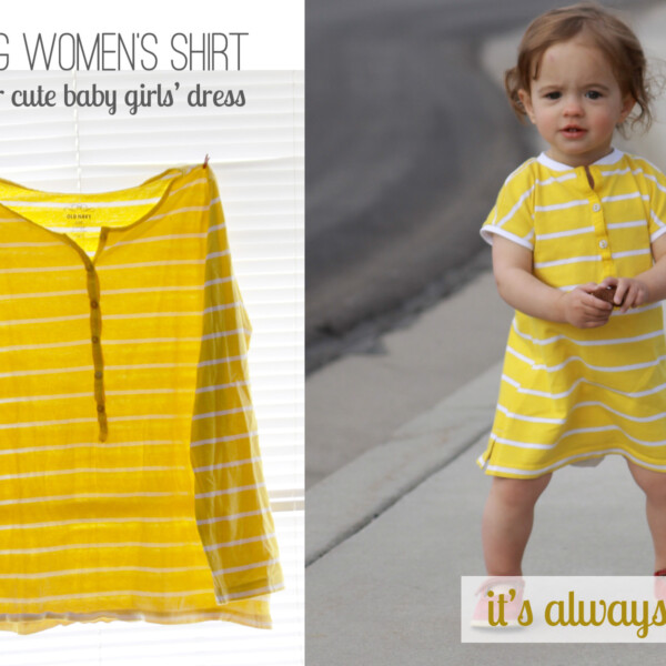 A little girl wearing a yellow dress made from a women's shirt