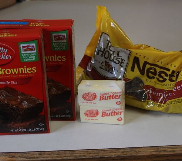 boxed brownie mixes, butter, nestle chocolate chips