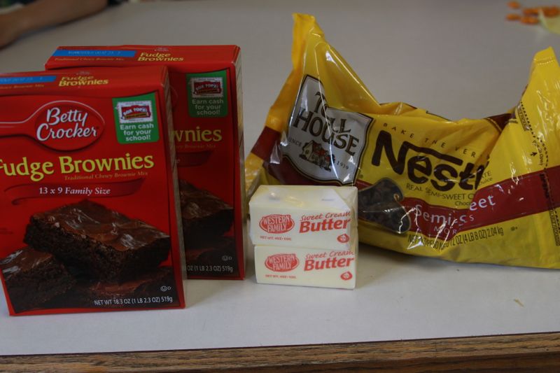 boxed brownie mixes, butter, nestle chocolate chips