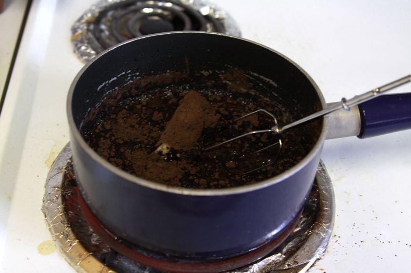 frosting ingredients in a saucepan on the stove