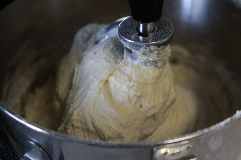 french bread dough in a mixer bowl