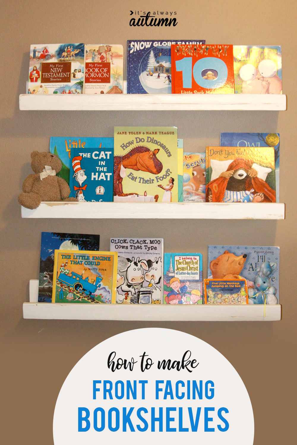 How to make front facing bookshelves to store and display books in a kid's room! DIY kids bookshelves.