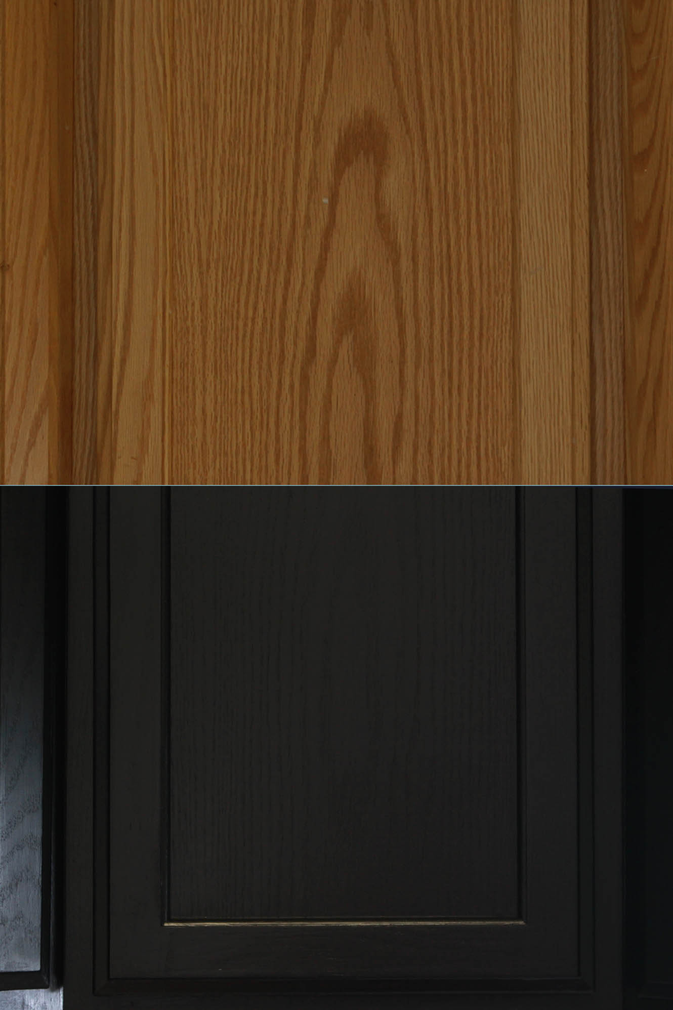 before and after of cabinet door painted black