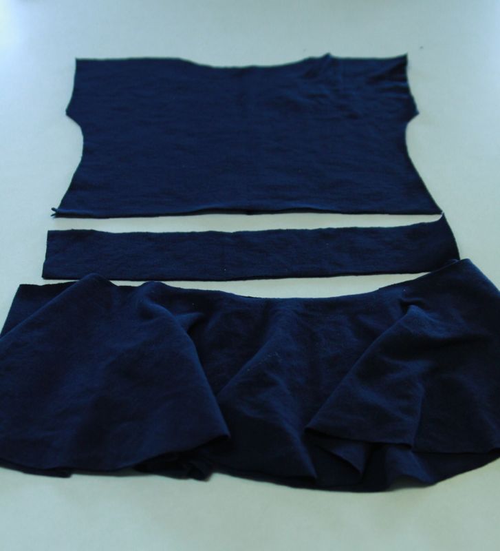 Blue shirt piece, waistband piece, and circle skirt piece