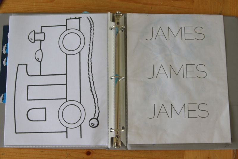 coloring page and name practice sheet in binder