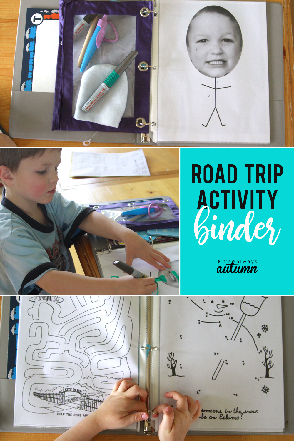 Keep kids happy on long car roads with a DIY road trip binder full of coloring and activity pages. Things for kids to do on a road trip.