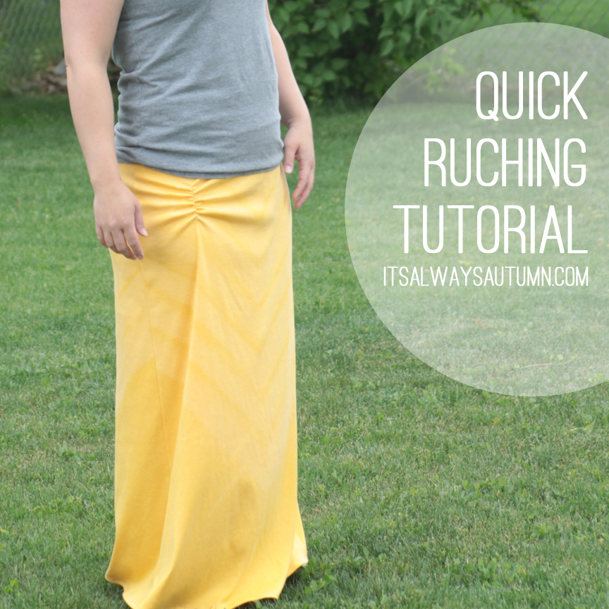 A woman wearing a long yellow maxi skirt with ruching at the hip; quick ruching tutorial