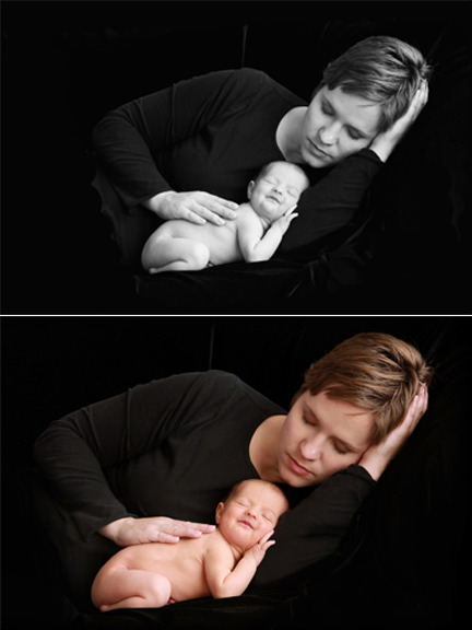 black and white edited photo of mom and baby; colored photo of mom and baby