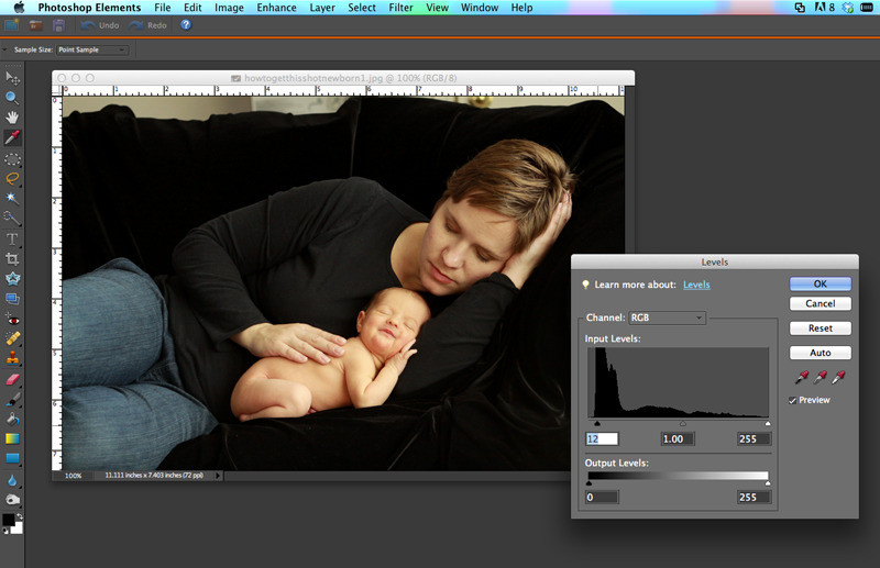 photo of mom and baby open in Photoshop elements with levels box open