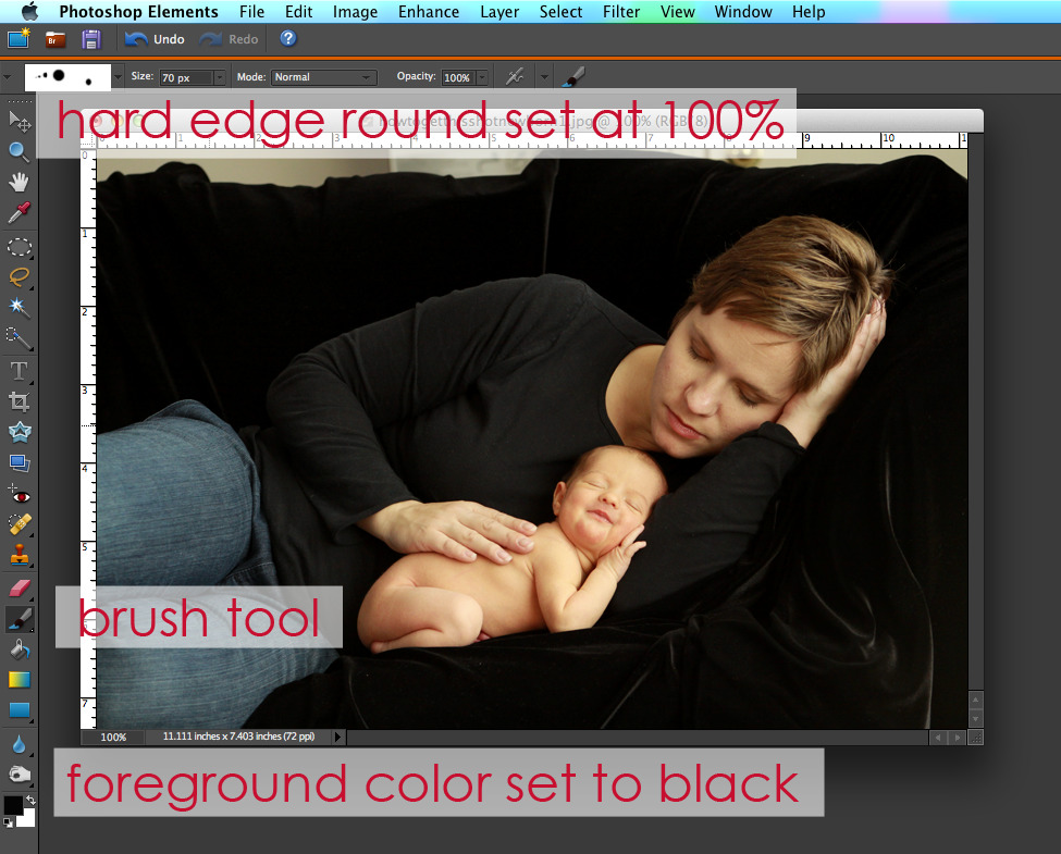 photo of mom in photoshop elements, brush tool chosen, foreground color set to back, hard edge round brush set at 100%