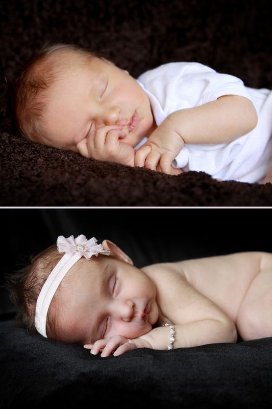 Newborn photo poses: a newborn lying on his side with his hand in front of his face, and a newborn lying on her front with her hands under her cheek