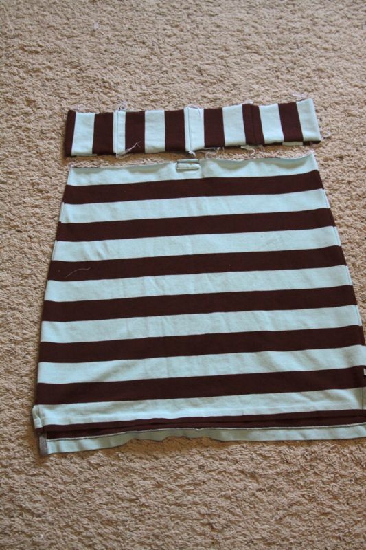 Shirt sewn into skirt; long strip of fabric made for the waistband