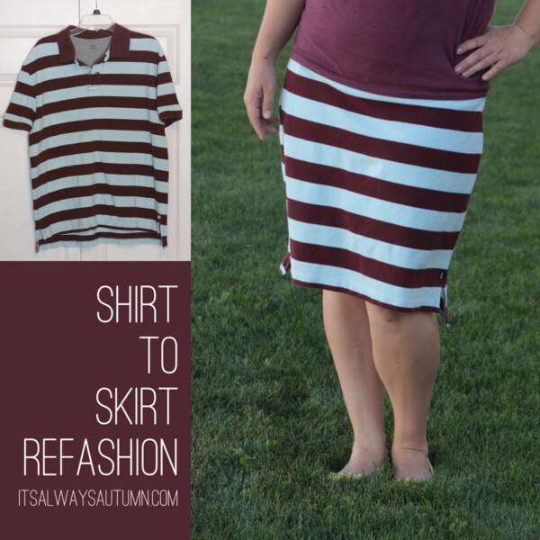 A woman wearing a striped skirt refashioned from a polo shirt