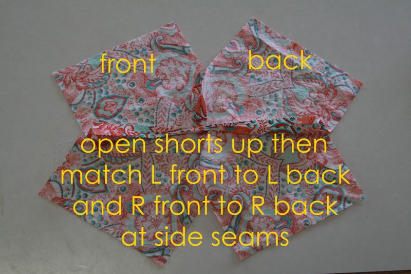 Shorts opened up: Open shorts up then match L front to L back and R front to R back at side seams