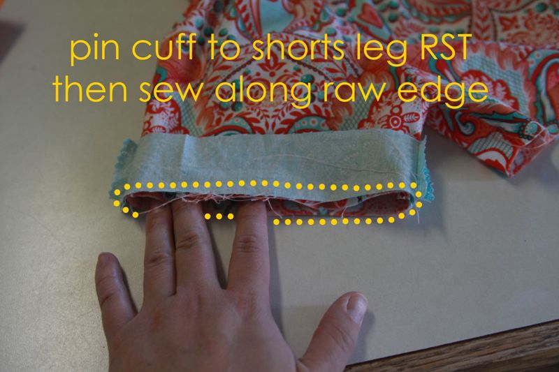 turquoise shorts cuff placed over bottom of shorts: pin cuff to shorts leg RST then sew along raw edge