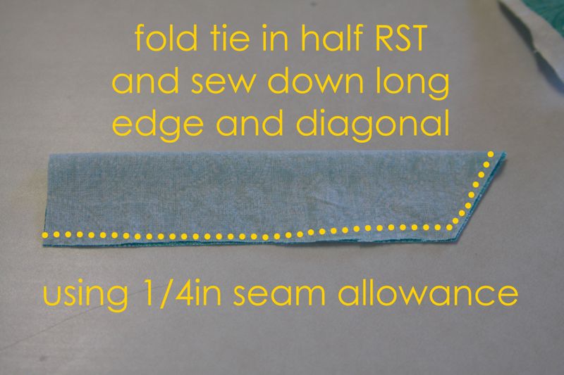 Tie fabric folded in half RST, sew down long edge and diagonal using 1/4 inch seam allowance