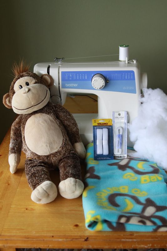 Sewing machine, stuffed monkey, fleece fabric, velcro, elastic, stuffing