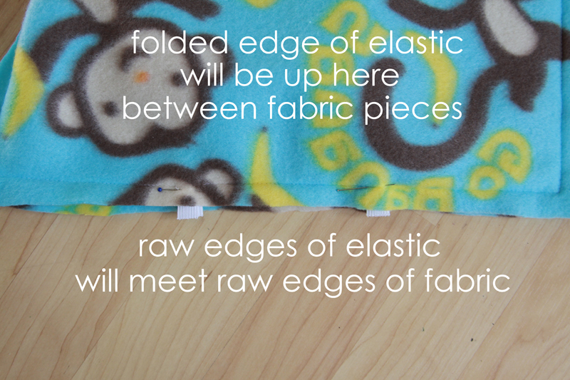 Elastic loops pinned in between two layers of fabric along bottom edge of sleeping bag