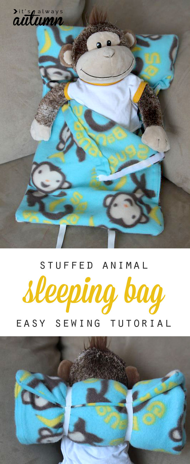 easy sewing tutorial for this adorable stuffed animal sleeping bag - my son would love this!