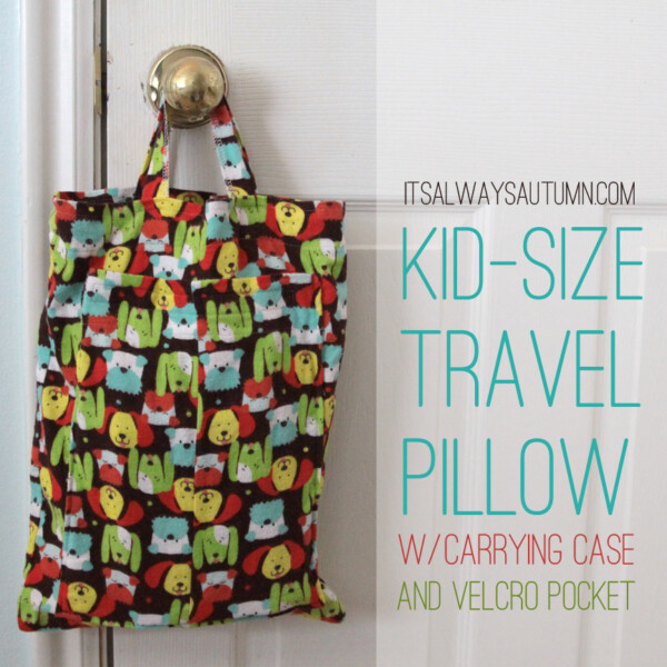 Kid size travel pillow with carrying case hanging on a doorknob