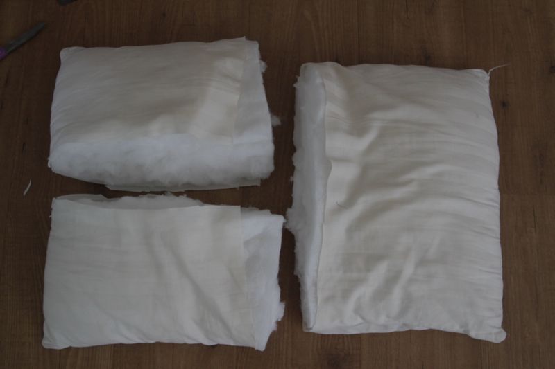 A pillow that\'s been cut into pieces
