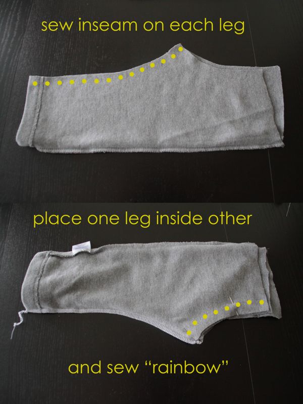 pajama pants legs with inseams sewn, one placed inside another with rainbow seam marked