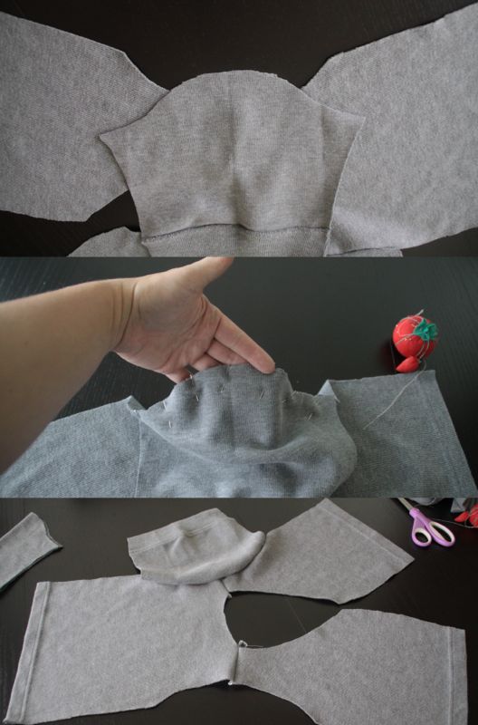 Sleeve piece pinned into armscye of pajama top; sewn in