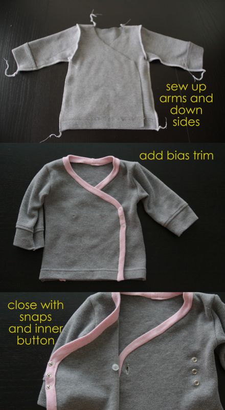 pajama top turned inside out - sew up arms and down sides; top turned right side out and add pink bias trim; close with snaps and inner button