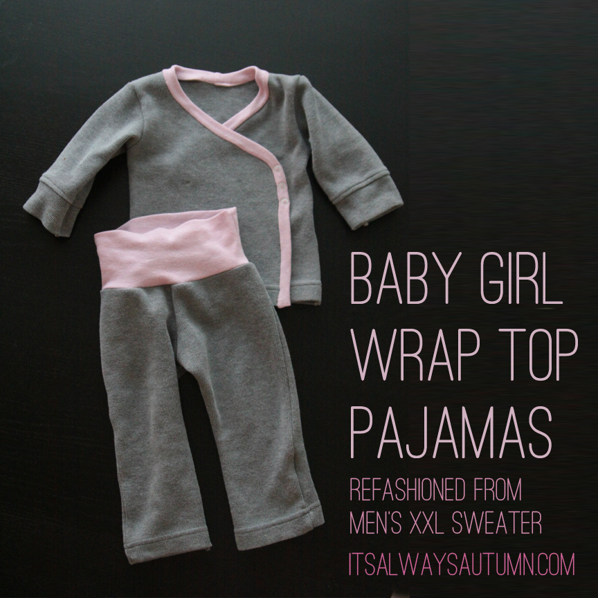 Baby girl wrap top pajamas refashioned from a mens XXL sweater
