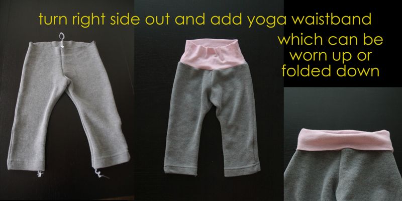pajama pants turned inside out with pink yoga waistband added, which can be worn folded up or down