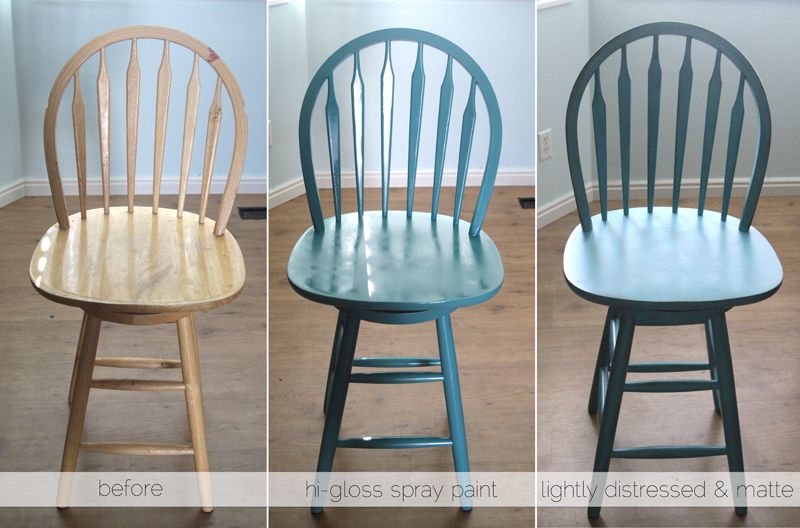 wood bar stool with back; painted turquoise with high gloss spray paint; lightly distressed