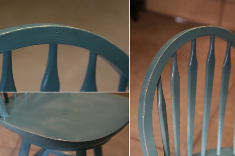 Closeup shots of sanding on edges of painted stool