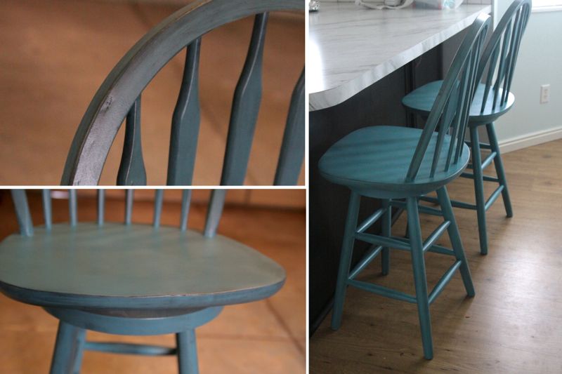 wood bar stools that have been painted turquoise and distressed