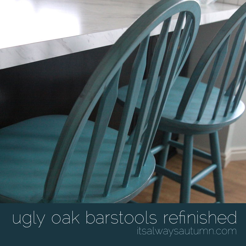 oak barstools that have been refinished and painted turquoise