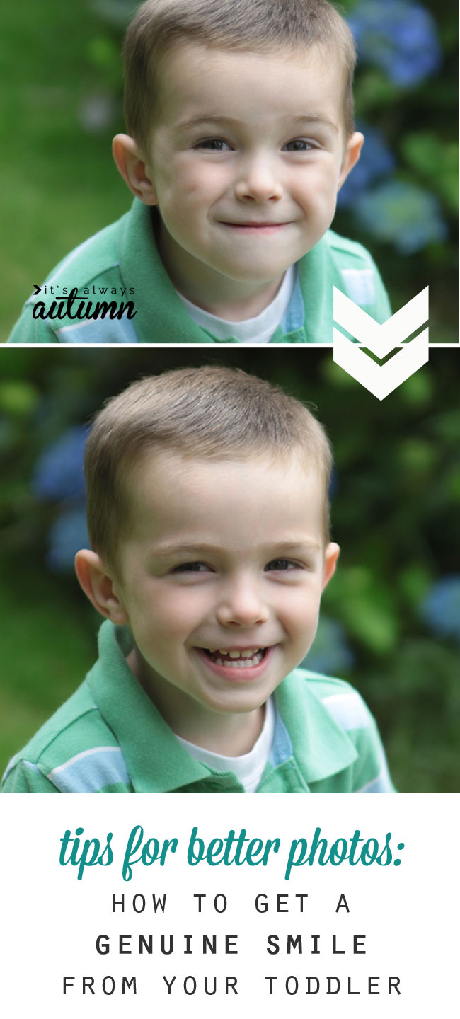 A little boy with a fake smile and then with a genuine smile - how to take great photos of toddlers