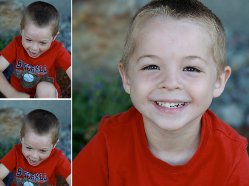 A little boy screaming and then smiling for a picture