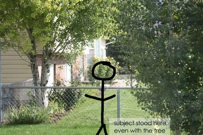 Stick figure drawn on photo of a front yard