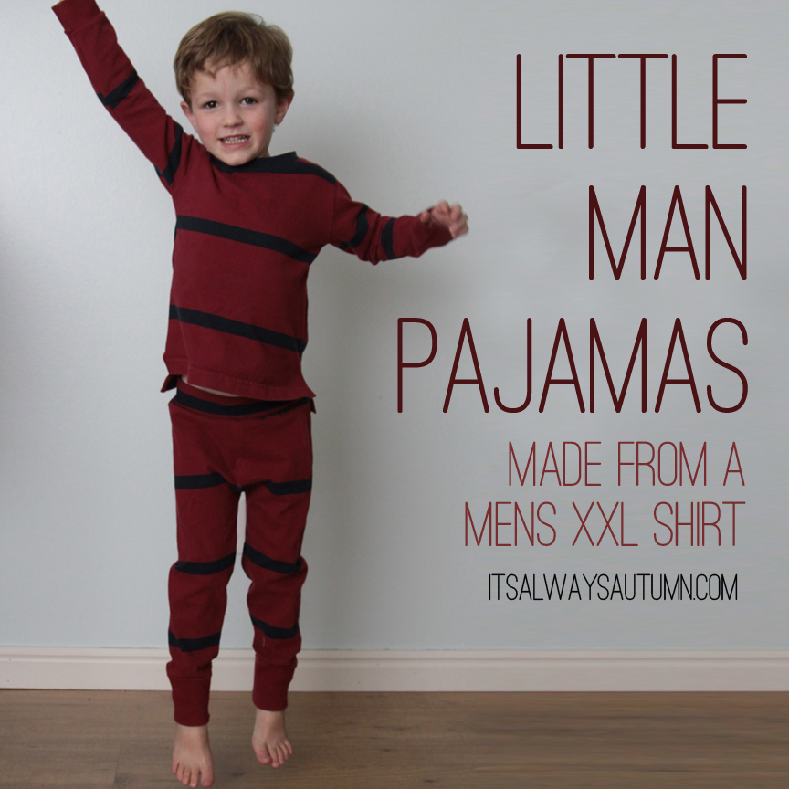 A little boy wearing pajamas made from a mens XXL shirt