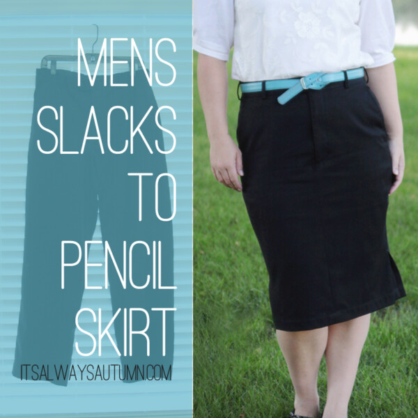 A woman wearing a pencil skirt made from a pair of mens slacks
