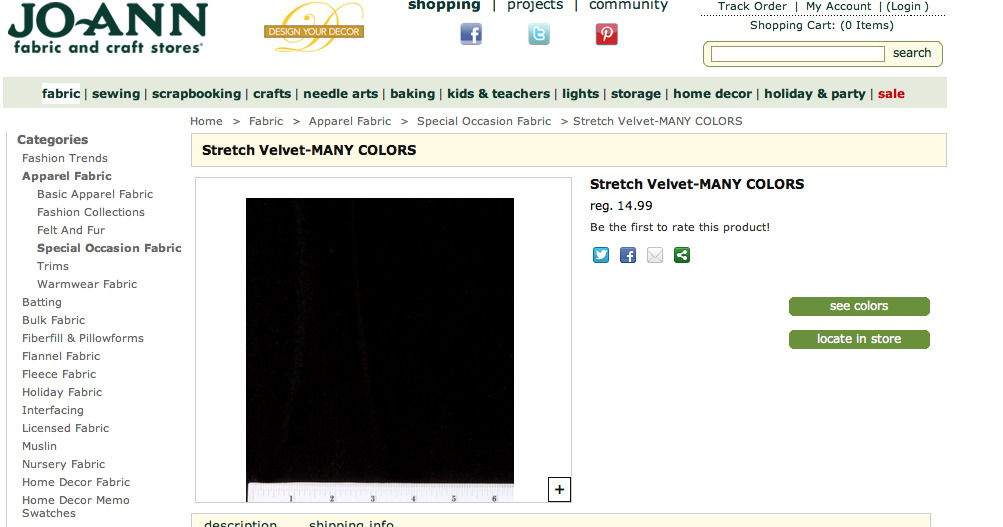 black stretch velvet at Jo-Ann craft store website