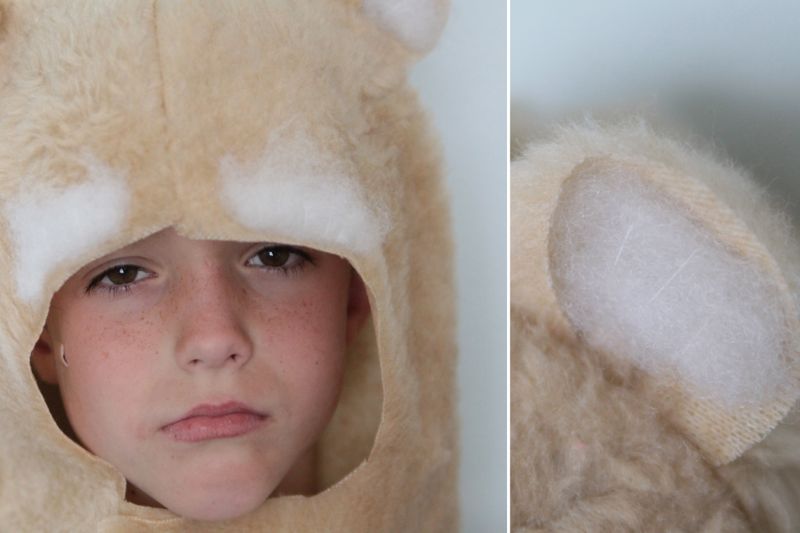 A close up of a boy in a cougar hood costume with stuffing over eyes and in ears