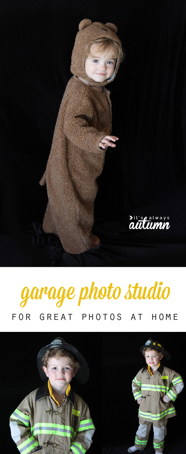 A girl in a bear costume in front of a black background and a boy in a firefighter costume in front of a black background; garage photo studio for great photos at home