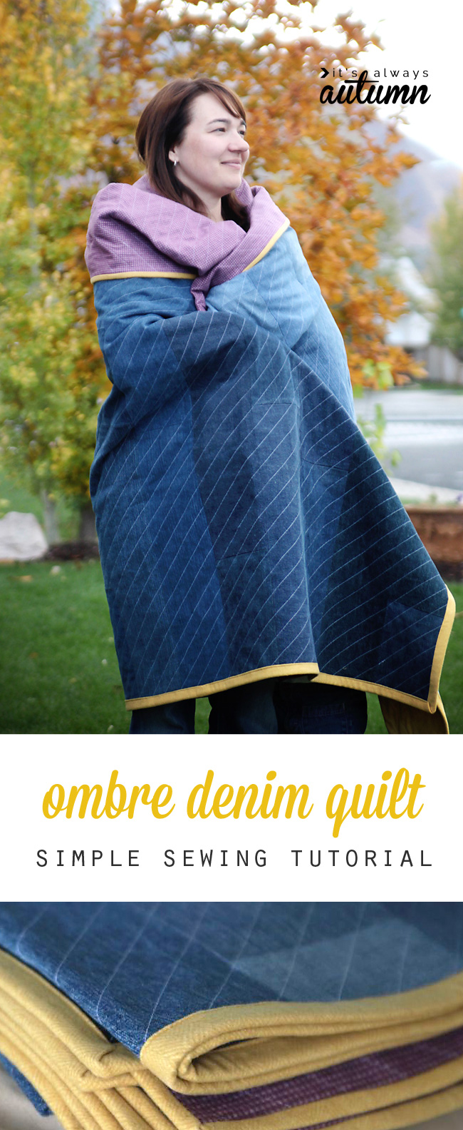 A person wrapped up in a denim quilt