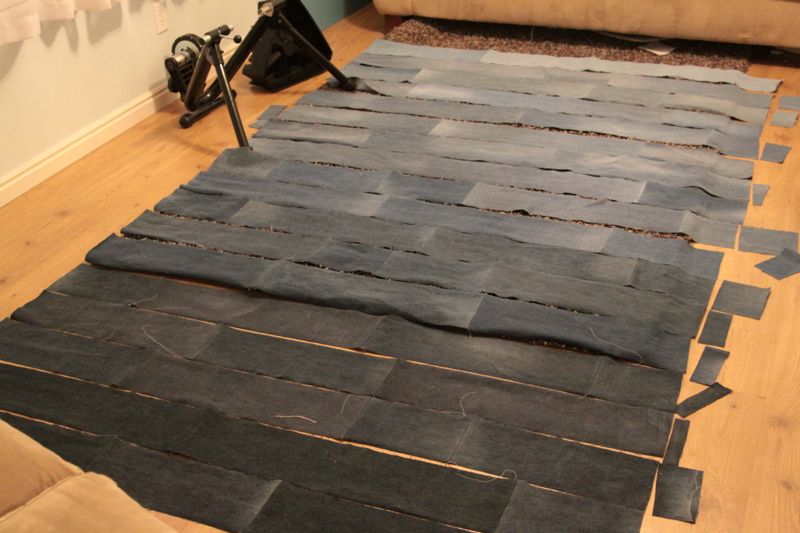 Denim rectangles laid out in quilt shape