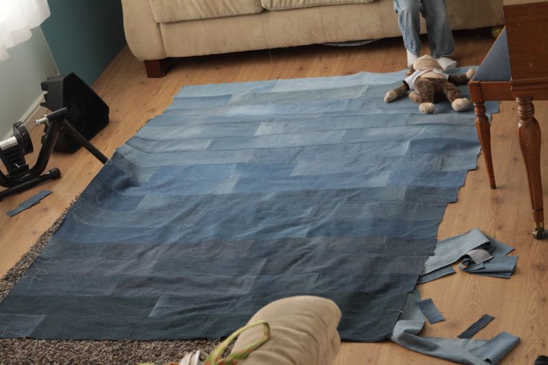 Denim rectangles sewn together into quilt top