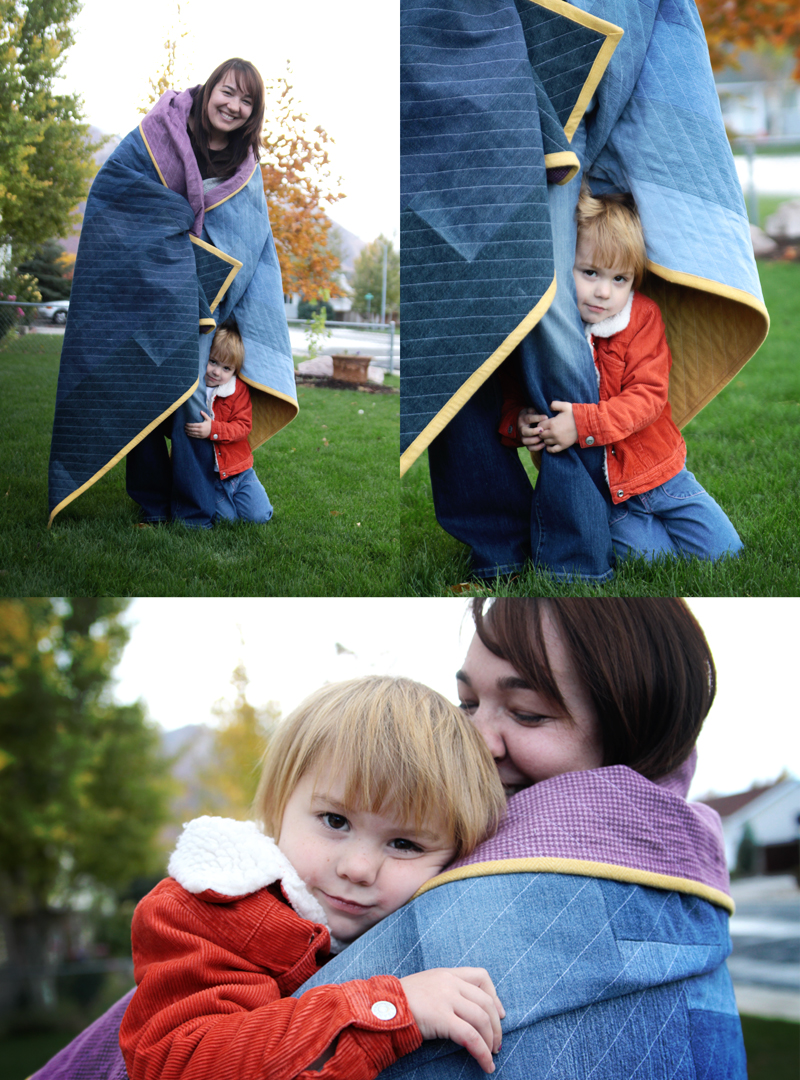 Person wrapped up in a denim quilt