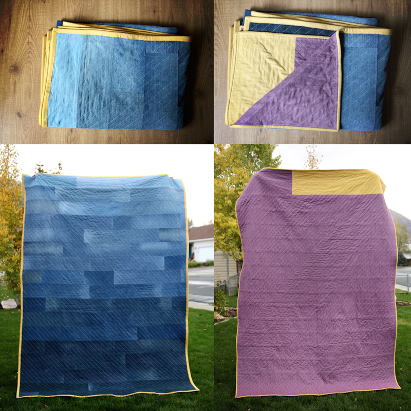 Denim quilt with purple flannel backing