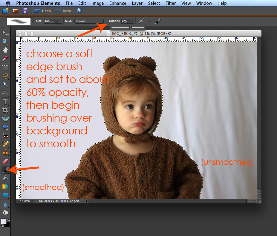 Photo of baby girl in photoshop elements: choose a soft edge brush and set to about 60% capacity, then begin brushing over background to smooth - left side of photo background is smoothed, right side isn\'t