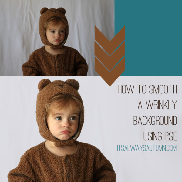 A photo of a baby in a bear costume on a wrinkled background; same photo with smooth flat background